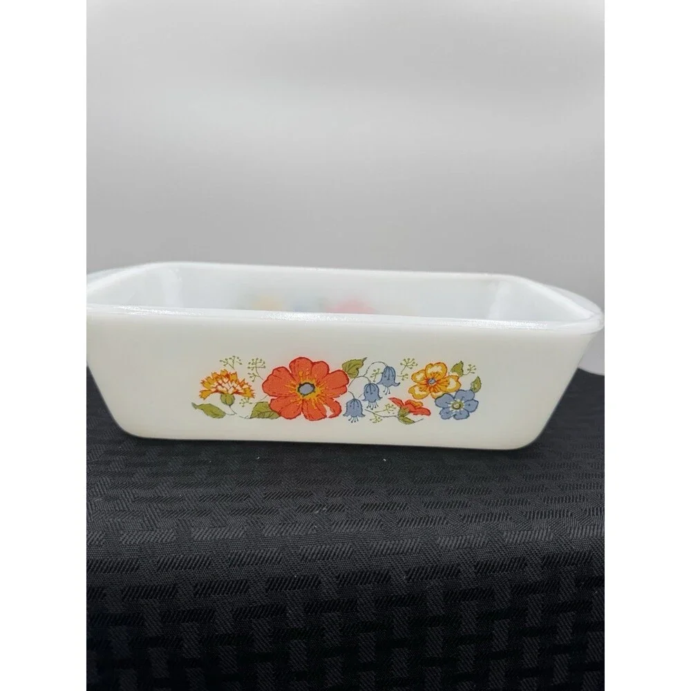 TG GLASBAK MILK GLASS LOAF PAN ORANGE FLORAL DESIGN 1.5QRT